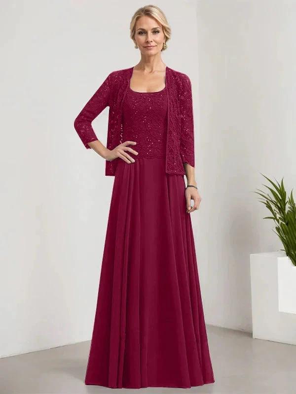 A-line Square Floor-Length Lace Chiffon Mother of the Bride Dress With Sequins by Dreamylily