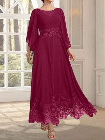 A-line Scoop Illusion Ankle-Length Lace Chiffon Mother of the Bride Dress With Sequins