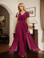 Jumpsuit/Pantsuit V-Neck Floor-Length Chiffon Evening Dress