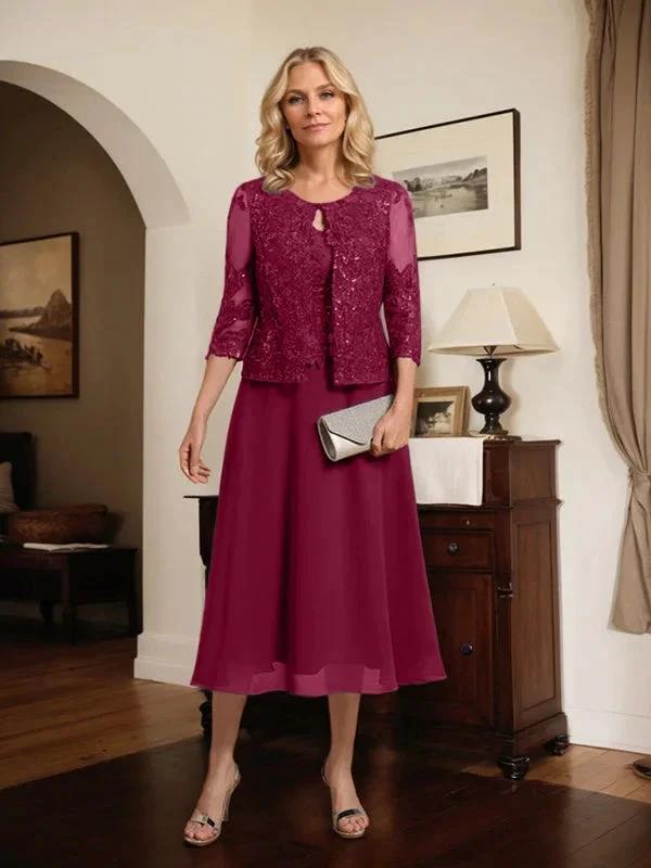 A-line Scoop Tea-Length Lace Chiffon Mother of the Bride Dress With Sequins by Dreamylily