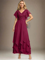 A-line V-Neck Ankle-Length Lace Chiffon Mother of the Bride Dress With Cascading Ruffles by Dreamylily