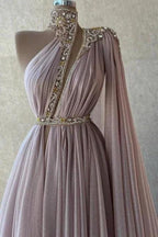 Chic Long Dusty Pink High Neck Lace Prom Dresses with Glitter by misshow.com