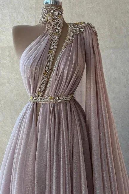Chic Long Dusty Pink High Neck Lace Prom Dresses with Glitter by misshow.com