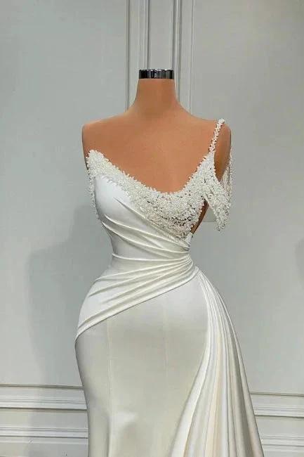 Chic Long Ivory Mermaid One Shoulder Sleeveless Wedding Dress with Pearls by misshow.com
