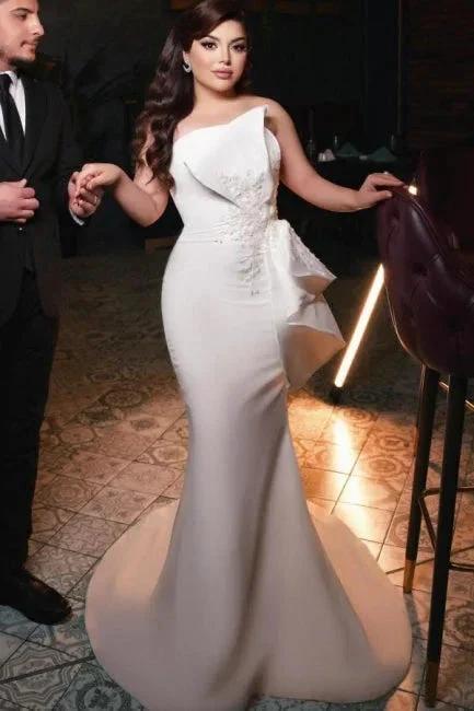 Chic Long Mermaid Simple Satin Strapless Wedding Dress With Lace by misshow.com