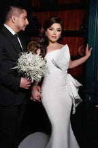 Chic Long Mermaid Simple Satin Strapless Wedding Dress With Lace by misshow.com