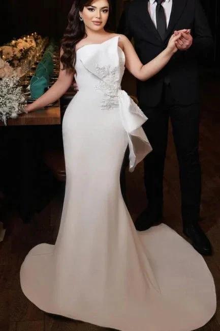 Chic Long Mermaid Simple Satin Strapless Wedding Dress With Lace by misshow.com