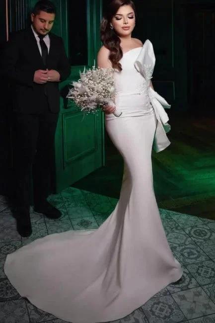 Chic Long Mermaid Simple Satin Strapless Wedding Dress With Lace by misshow.com