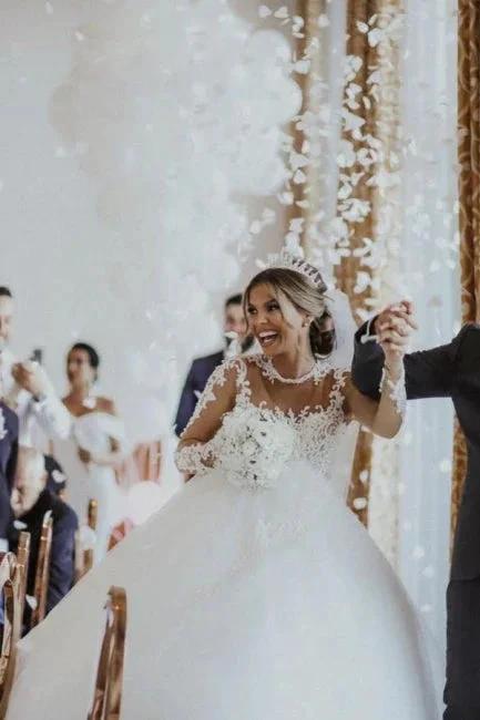 Chic Long White A-line Lace Tulle Wedding Dress with Long Sleeves by misshow.com