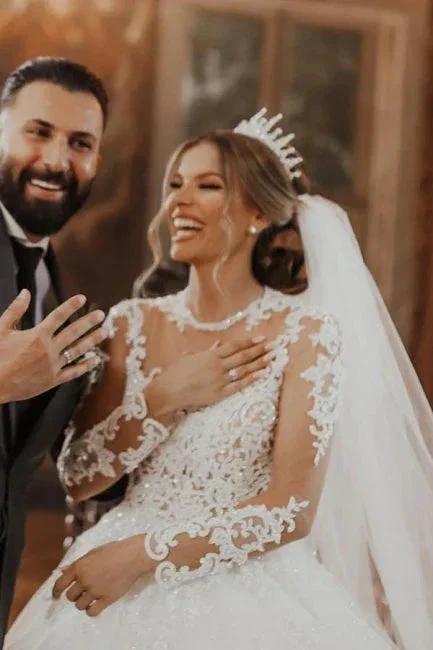 Chic Long White A-line Lace Tulle Wedding Dress with Long Sleeves by misshow.com