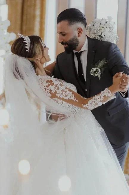 Chic Long White A-line Lace Tulle Wedding Dress with Long Sleeves by misshow.com