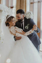 Chic Long White A-line Lace Tulle Wedding Dress with Long Sleeves by misshow.com