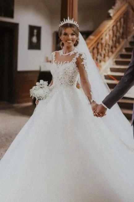 Chic Long White A-line Lace Tulle Wedding Dress with Long Sleeves by misshow.com
