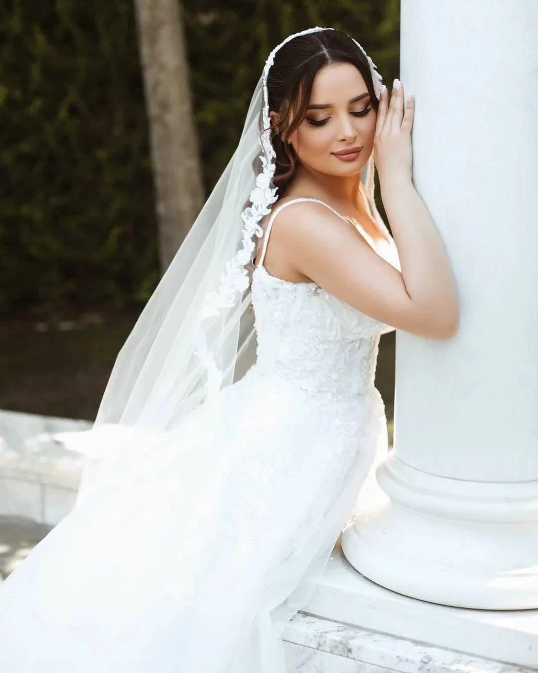 Chic Long White A-line Spaghetti Straps Lace Sleeveless Wedding Dress by misshow.com