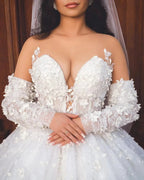 Chic Long White V-neck A-line Appliques Wedding Dress With Sleeves And Train by misshow.com