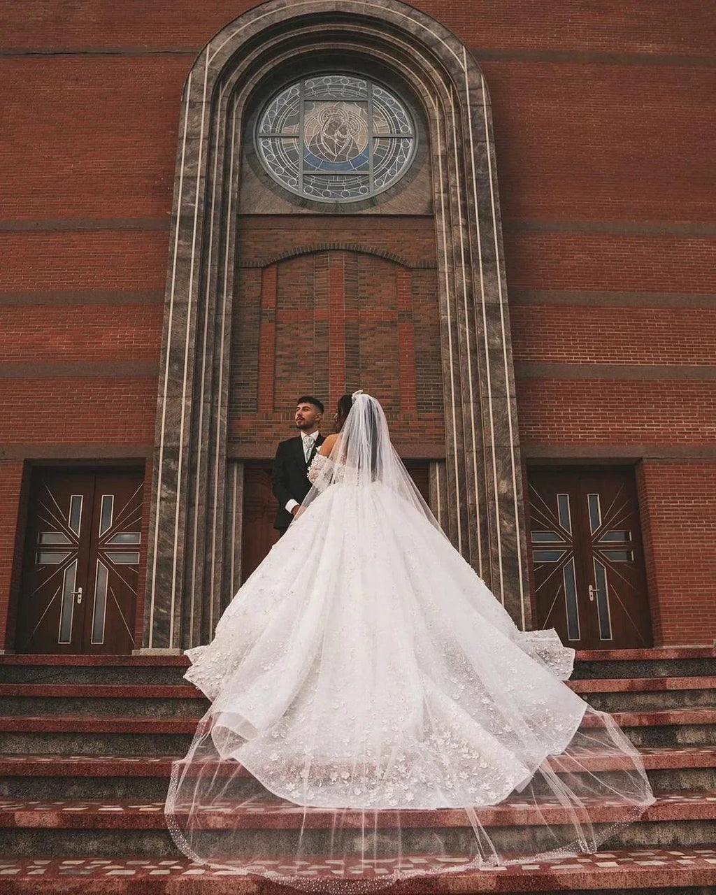 Chic Long White V-neck A-line Appliques Wedding Dress With Sleeves And Train by misshow.com
