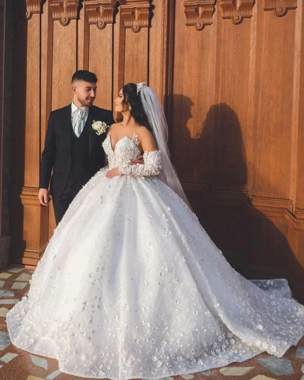 Chic Long White V-neck A-line Appliques Wedding Dress With Sleeves And Train by misshow.com