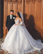 Chic Long White V-neck A-line Appliques Wedding Dress With Sleeves And Train by misshow.com