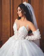 Chic Long White V-neck A-line Appliques Wedding Dress With Sleeves And Train by misshow.com