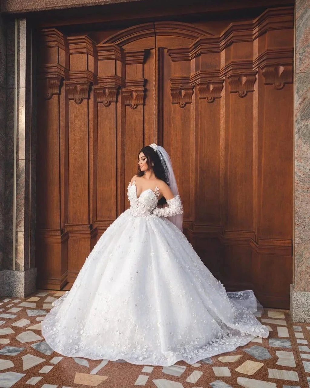 Chic Long White V-neck A-line Appliques Wedding Dress With Sleeves And Train by misshow.com