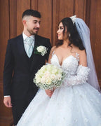 Chic Long White V-neck A-line Appliques Wedding Dress With Sleeves And Train by misshow.com