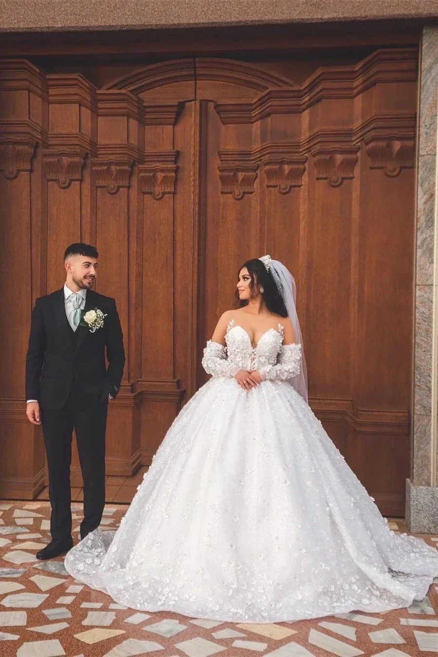 Chic Long White V-neck A-line Appliques Wedding Dress With Sleeves And Train by misshow.com