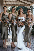 Chic Satin Sheath Bridesmaid Dresses Tea-length Short Gowns BD107 by pgmdress