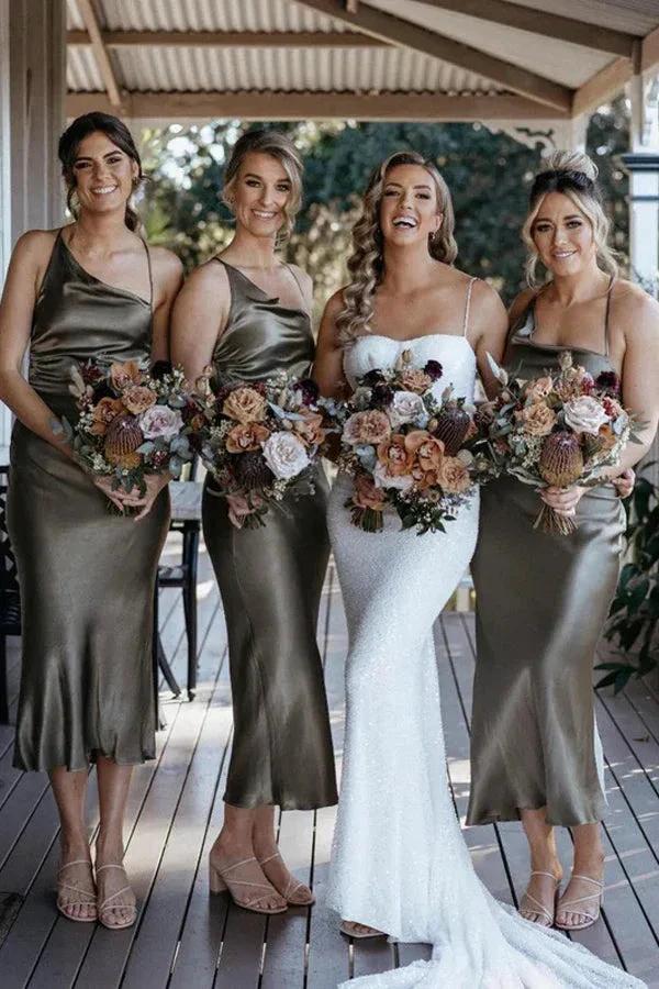 Chic Satin Sheath Bridesmaid Dresses Tea-length Short Gowns BD107 by pgmdress