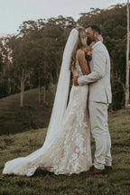 Chic Sheath Column V Neck Floral Lace Rustic Wedding Dress Bridal Gown WD658 by pgmdress