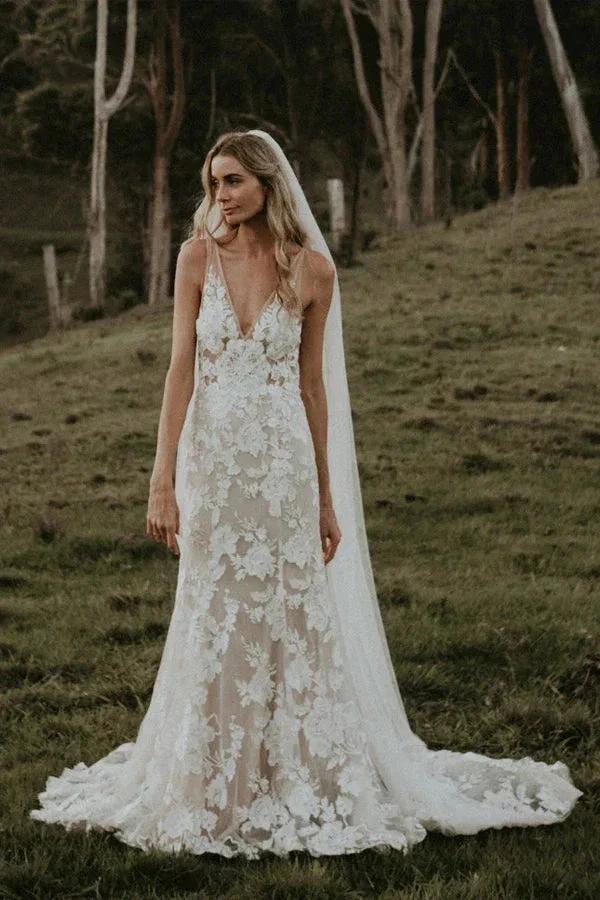 Chic Sheath Column V Neck Floral Lace Rustic Wedding Dress Bridal Gown WD658 by pgmdress