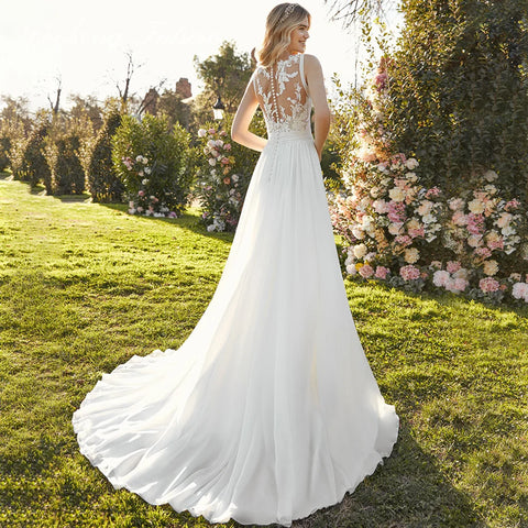 Vestidos de novia de encaje de gasa con escote en V profundo, vestido de novia de corte A sin mangas, vestido de novia bohemio con botones y espalda descubierta, hecho a medida 