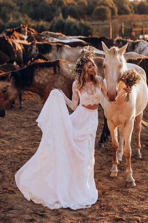 Chiffon Two Pieces Wedding Dresses A-line Long Sleeves Bridal Gown WD553 by pgmdress