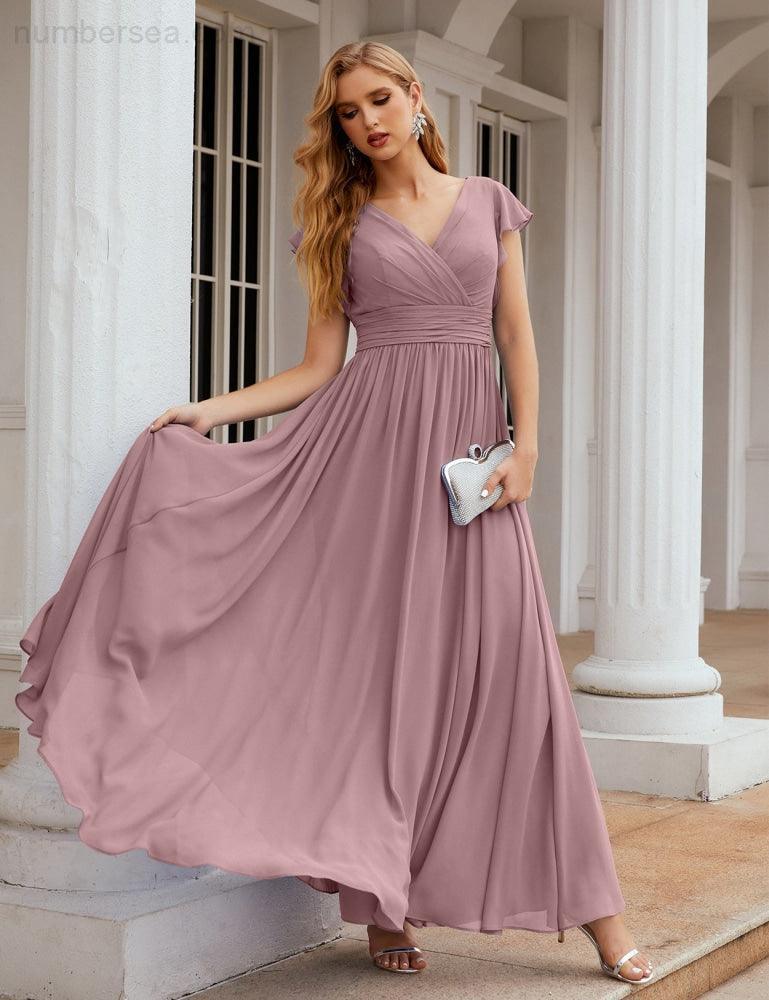 Numbersea V-Neck Bridesmaid Dress Floor Length Backless Formal Evening Dress 28024
