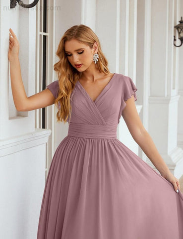 Numbersea V-Neck Bridesmaid Dress Floor Length Backless Formal Evening Dress 28024