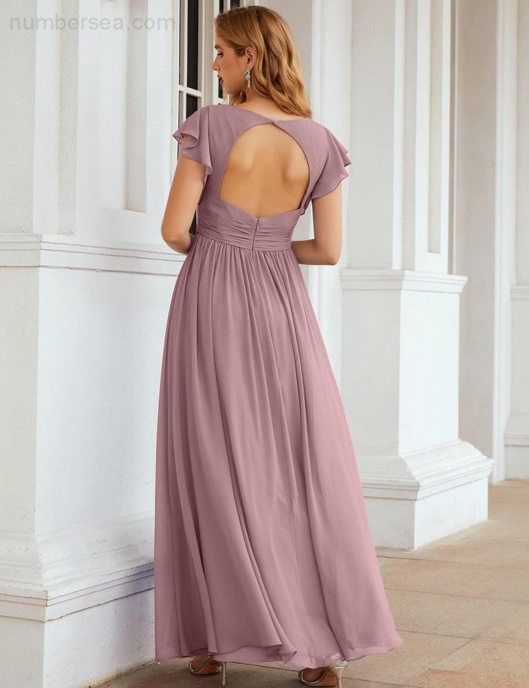 Numbersea V-Neck Bridesmaid Dress Floor Length Backless Formal Evening Dress 28024