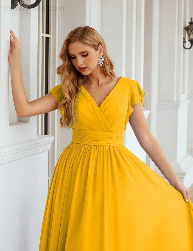 Numbersea V-Neck Bridesmaid Dress Floor Length Backless Formal Evening Dress 28024