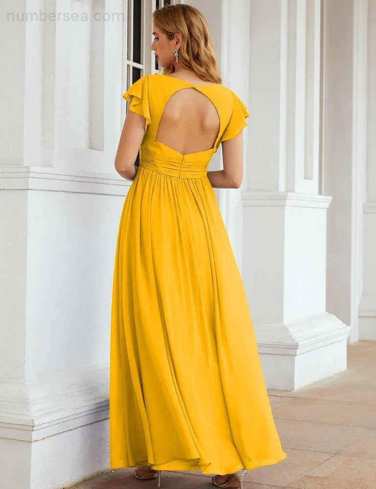 Numbersea V-Neck Bridesmaid Dress Floor Length Backless Formal Evening Dress 28024