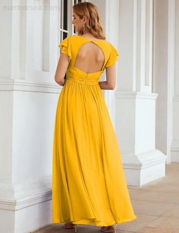 Numbersea V-Neck Bridesmaid Dress Floor Length Backless Formal Evening Dress 28024