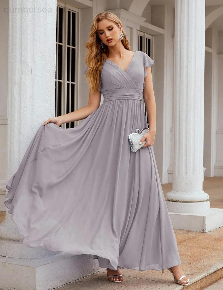 Numbersea V-Neck Bridesmaid Dress Floor Length Backless Formal Evening Dress 28024