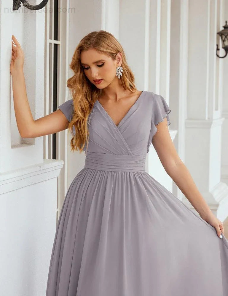 Numbersea V-Neck Bridesmaid Dress Floor Length Backless Formal Evening Dress 28024
