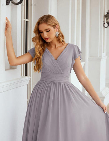 Numbersea V-Neck Bridesmaid Dress Floor Length Backless Formal Evening Dress 28024