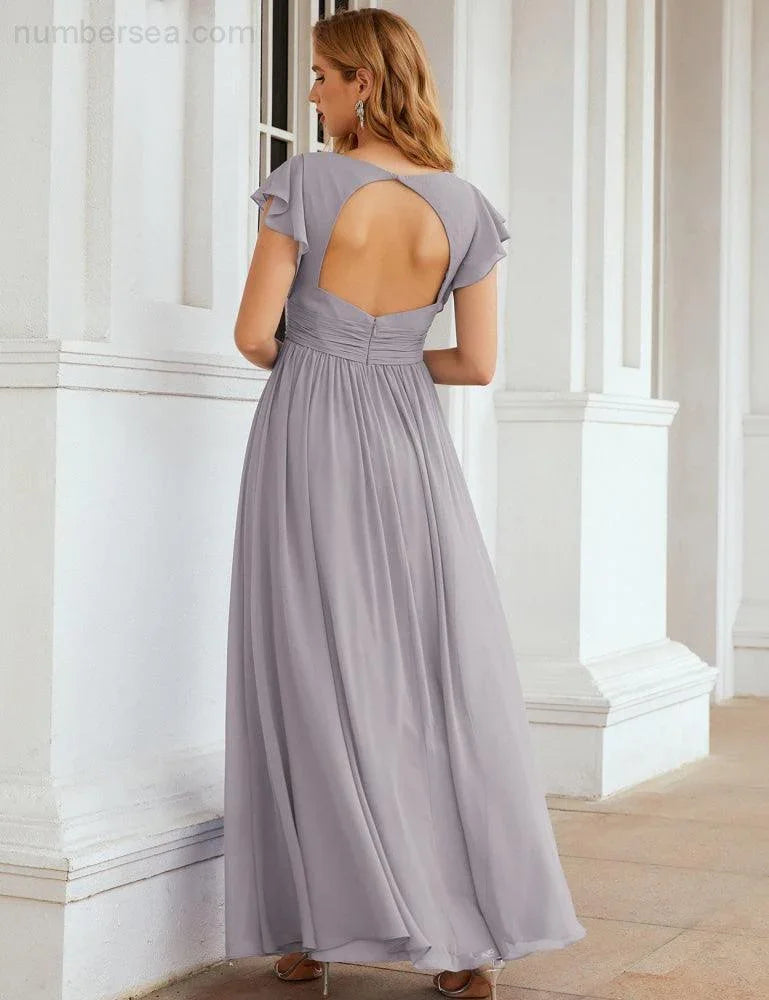 Numbersea V-Neck Bridesmaid Dress Floor Length Backless Formal Evening Dress 28024