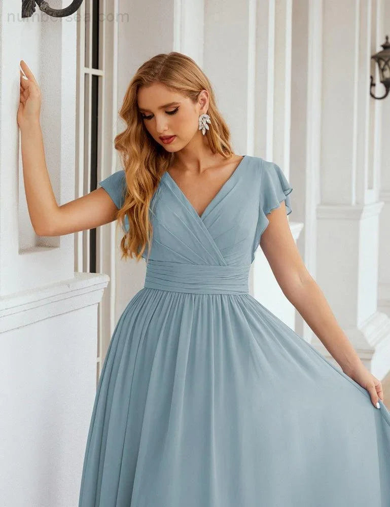 Numbersea V-Neck Bridesmaid Dress Floor Length Backless Formal Evening Dress 28024
