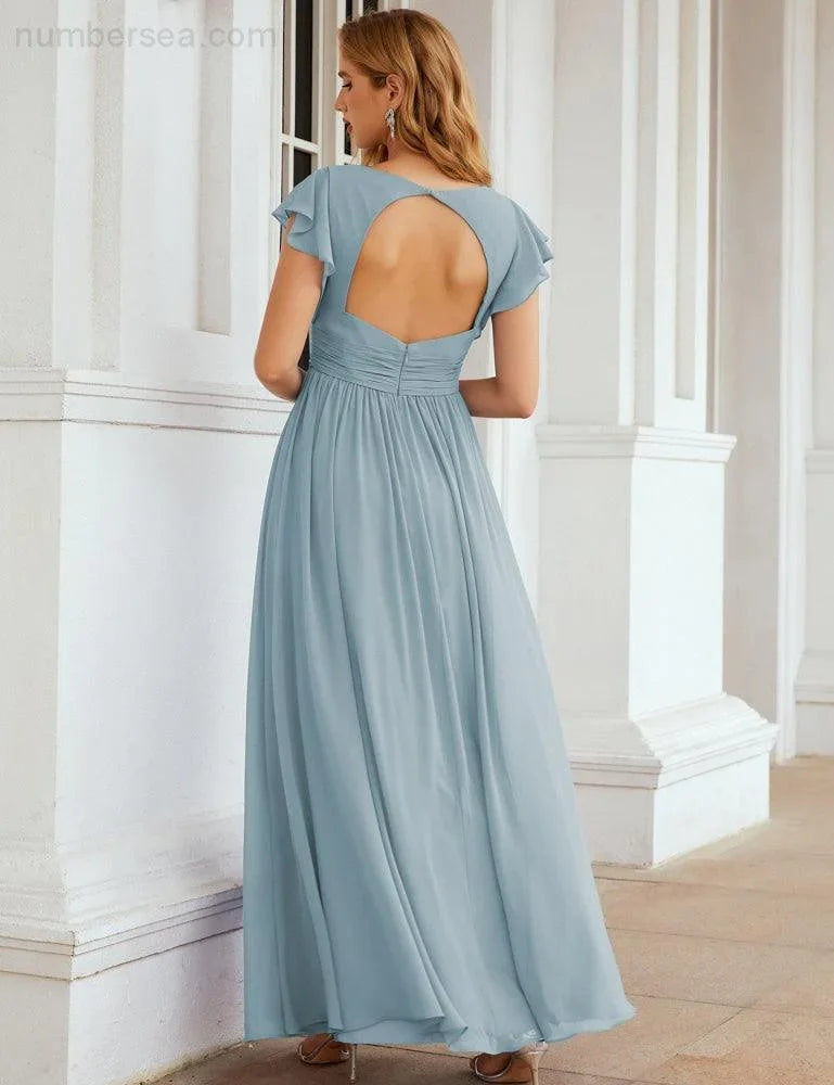 Numbersea V-Neck Bridesmaid Dress Floor Length Backless Formal Evening Dress 28024