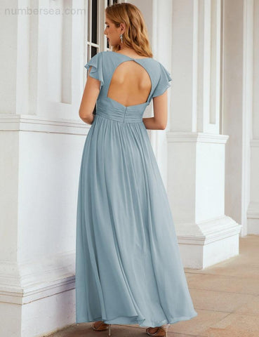 Numbersea V-Neck Bridesmaid Dress Floor Length Backless Formal Evening Dress 28024