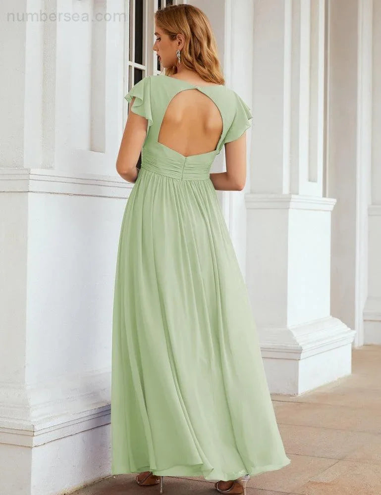 Numbersea V-Neck Bridesmaid Dress Floor Length Backless Formal Evening Dress 28024