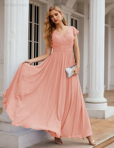 Numbersea V-Neck Bridesmaid Dress Floor Length Backless Formal Evening Dress 28024
