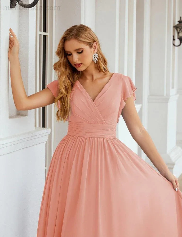 Numbersea V-Neck Bridesmaid Dress Floor Length Backless Formal Evening Dress 28024