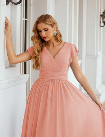 Numbersea V-Neck Bridesmaid Dress Floor Length Backless Formal Evening Dress 28024