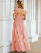 Numbersea V-Neck Bridesmaid Dress Floor Length Backless Formal Evening Dress 28024
